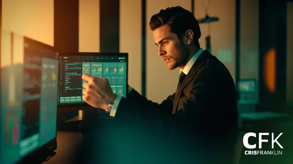 Um homem de terno trabalha em um computador com vários monitores que exibem gráficos de dados em um escritório com pouca iluminação. O logotipo da CFK está visível no canto.