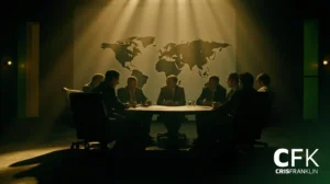 Um grupo de pessoas está sentado em torno de uma grande mesa de conferência em uma sala mal iluminada, com um mapa-múndi exibido na parede atrás deles. As letras "CFK CRISFRANKLIN" aparecem no canto.