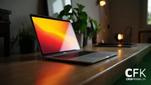 Um laptop com uma tela brilhante fica em uma mesa de madeira ao lado de vasos de plantas e uma lâmpada em uma sala suavemente iluminada; o logotipo da CFK CRISFRANKLIN aparece no canto.