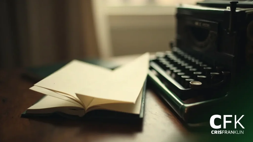 Um notebook aberto e uma máquina de escrever vintage são colocados em uma mesa de madeira, com luz natural suave entrando por uma janela ao fundo. O canto inferior direito mostra o texto "CFK Cris Franklin".