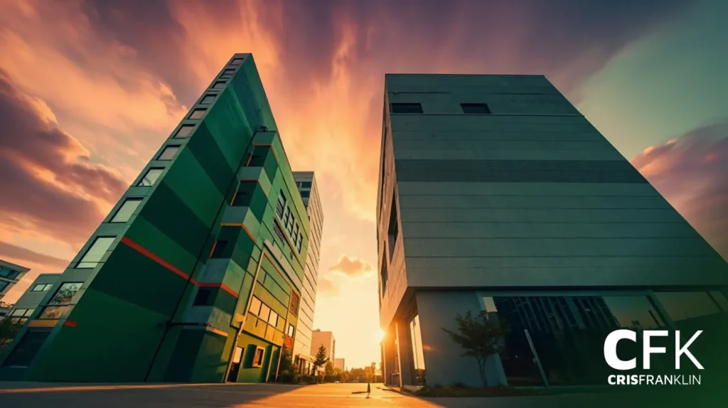 Dois edifícios modernos com desenhos geométricos emolduram um céu dramático ao pôr do sol, visto do nível da rua; a luz do sol brilha entre as estruturas.