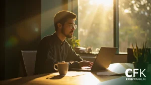 Um homem trabalha em um laptop em uma mesa com uma caneca por perto, com a luz do sol passando por grandes janelas em um escritório moderno. O canto inferior direito exibe o logotipo "CFK CRISFRANKLIN.