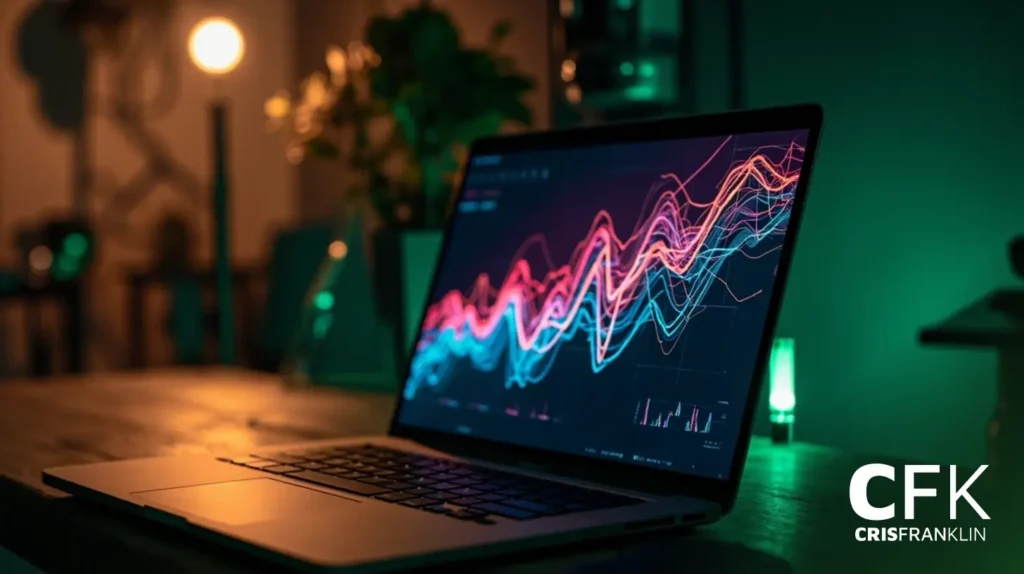 Um laptop exibindo gráficos coloridos de dados financeiros fica sobre uma mesa de madeira em uma sala pouco iluminada com luzes de fundo desfocadas.