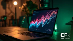 Um laptop exibindo gráficos coloridos de dados financeiros fica sobre uma mesa de madeira em uma sala pouco iluminada com luzes de fundo desfocadas.