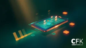Um tablet digital exibindo uma interface futurista flutua sobre uma superfície escura com ícones iluminados em laranja e verde; logotipo da CFK CRIS FRANKLIN no canto.
