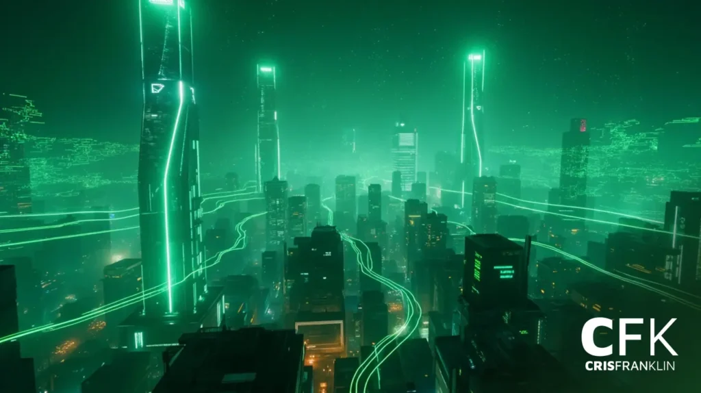 Uma paisagem urbana futurista à noite com arranha-céus altos e iluminados e linhas verdes brilhantes conectando edifícios, criando uma atmosfera digital e cyberpunk. "CFK CRISFRANKLIN" aparece no canto inferior direito.