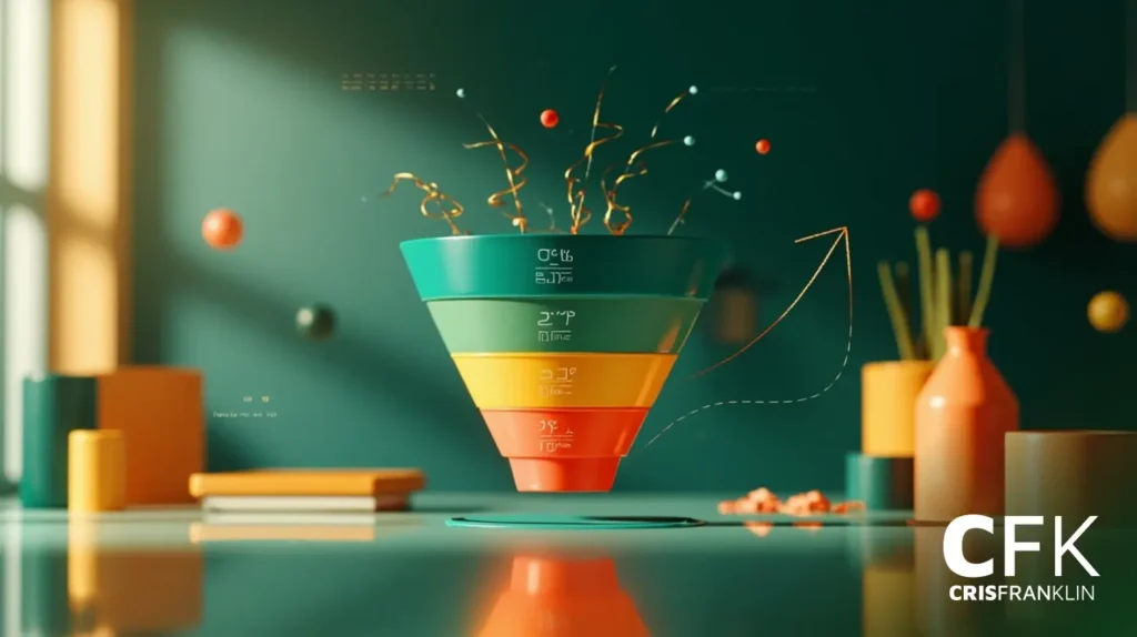 Um diagrama de funil de vendas colorido com quatro seções rotuladas flutua sobre uma mesa, cercado por vasos decorativos e objetos abstratos; a imagem tem a marca "CFK CRISFRANKLIN".