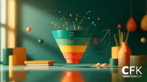 Um diagrama de funil de vendas colorido com quatro seções rotuladas flutua sobre uma mesa, cercado por vasos decorativos e objetos abstratos; a imagem tem a marca "CFK CRISFRANKLIN".