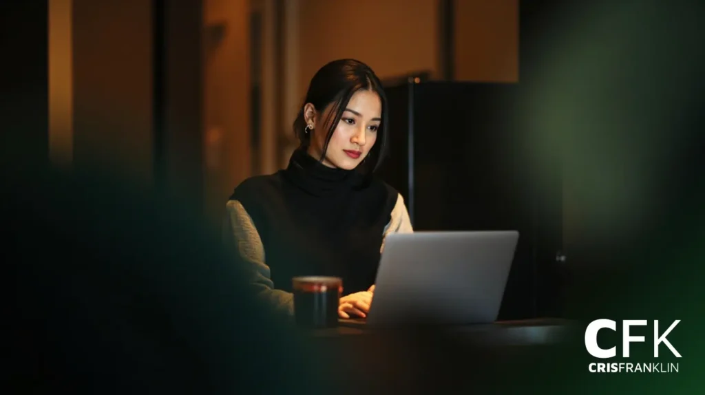 Uma mulher está sentada em um ambiente interno, trabalhando em um laptop com uma xícara ao seu lado na mesa. A cena é pouco iluminada. As letras "CFK CRISFRANKLIN" estão visíveis no canto inferior direito.