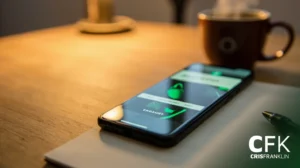 Um smartphone exibindo uma tela com tema verde repousa sobre um caderno ao lado de uma caneta, com uma xícara de café e uma lâmpada ao fundo. A imagem tem a marca d'água "CFK CRISFRANKLIN.
