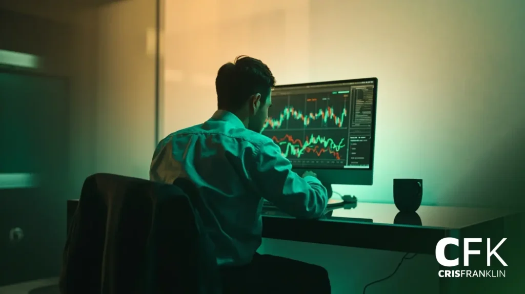 Um homem de camisa está sentado em uma mesa analisando gráficos financeiros em um grande monitor de computador em um escritório pouco iluminado. Uma caneca e um teclado estão visíveis na mesa.