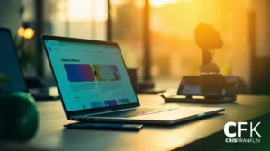 Um laptop exibindo um site fica em uma mesa ao lado de um smartphone em um escritório moderno e iluminado pelo sol. A marca d'água CFK CRIS FRANKLIN é visível no canto inferior direito.