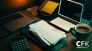 Uma mesa com uma pilha de papéis, um laptop, uma calculadora, uma xícara de café e outros itens de escritório. O logotipo da CFK CrisFranklin aparece no canto inferior direito.