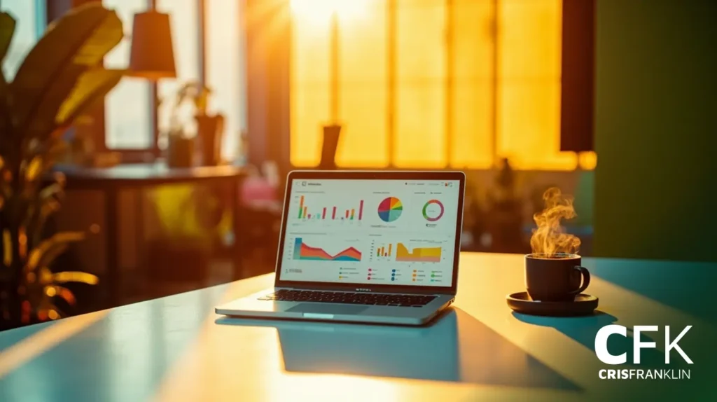 Um laptop exibindo gráficos comerciais coloridos fica em uma mesa ao lado de uma xícara de café fumegante em um escritório iluminado pelo sol, com "CFK CrisFranklin" no canto.