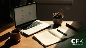 Um laptop, um caderno aberto com caneta, uma xícara de café e um vaso de suculentas estão sobre uma mesa de madeira sob a luz do sol; a marca CFK Cris Franklin está visível no canto.
