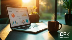 Um laptop exibindo gráficos e tabelas fica em uma mesa ao lado de uma caneca de café fumegante em uma sala iluminada pelo sol.