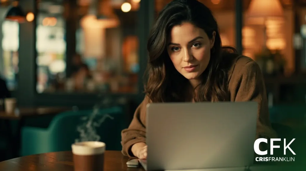 Uma mulher senta-se à mesa de um café, trabalhando em um laptop com uma xícara de café ao seu lado. O ambiente tem uma iluminação quente e pessoas desfocadas ao fundo. O logotipo da CFK está visível.