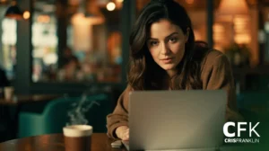 Uma mulher senta-se à mesa de um café, trabalhando em um laptop com uma xícara de café ao seu lado. O ambiente tem uma iluminação quente e pessoas desfocadas ao fundo. O logotipo da CFK está visível.