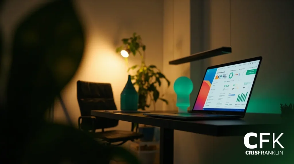 Uma configuração moderna de mesa com um laptop exibindo gráficos, uma lâmpada decorativa verde e uma planta em um escritório com iluminação suave; o logotipo da CFK Cris Franklin está visível no canto.