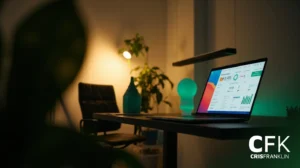 Uma configuração moderna de mesa com um laptop exibindo gráficos, uma lâmpada decorativa verde e uma planta em um escritório com iluminação suave; o logotipo da CFK Cris Franklin está visível no canto.