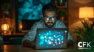 Um homem de óculos trabalha atentamente em um laptop à noite, com ícones digitais refletidos na tela. A sala é pouco iluminada e as iniciais "CFK" aparecem no canto inferior direito.