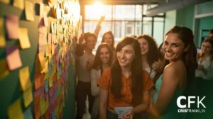 Um grupo de pessoas está ao lado de uma parede coberta de notas adesivas coloridas, sorrindo e interagindo em uma sala bem iluminada. As letras "CFK CrisFranklin" aparecem no canto inferior direito.