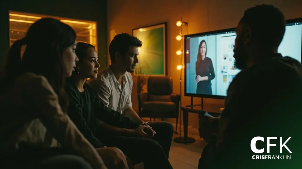 Quatro pessoas sentadas em uma sala pouco iluminada assistem a uma apresentação em uma tela grande que mostra uma mulher falando, com o logotipo "CFK CRIS FRANKLIN" visível no canto.