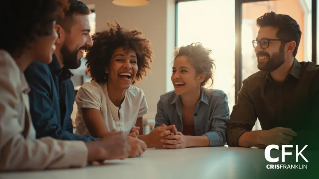 Cinco pessoas sentadas à mesa em uma sala bem iluminada, sorrindo e conversando. As letras "CFK" e o nome "Cris Franklin" aparecem no canto inferior direito.