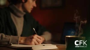 Uma pessoa escreve em um caderno em uma mesa com um laptop e uma caneca fumegante em primeiro plano. A cena é pouco iluminada e focada no espaço de trabalho.