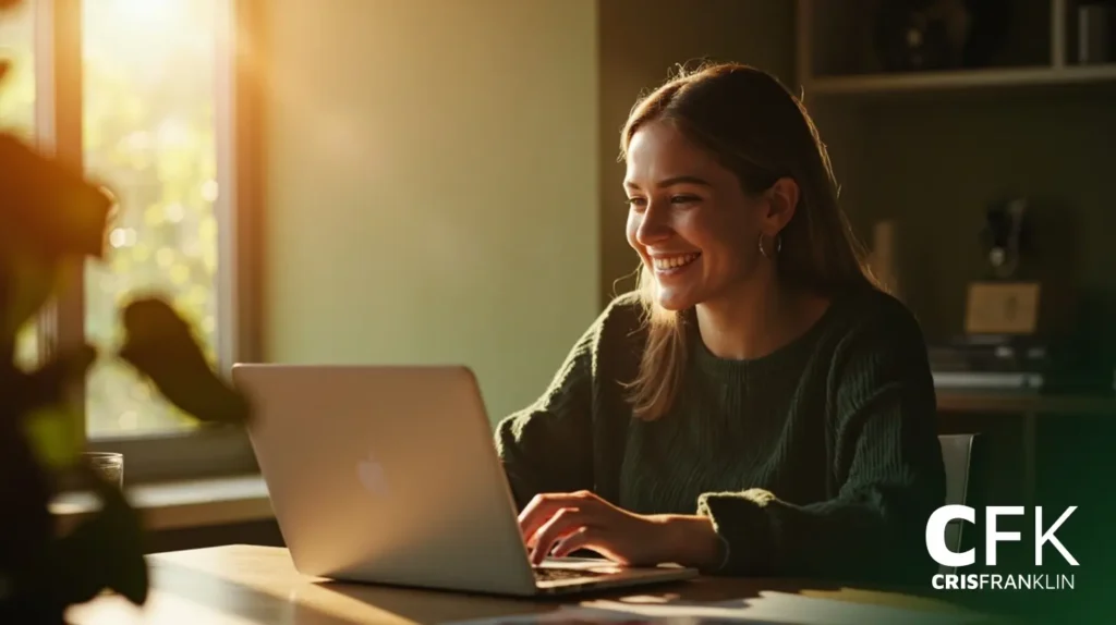 Uma mulher está sentada em uma mesa usando um laptop, sorrindo, com a luz do sol entrando por uma janela próxima. As iniciais "CFK" e o nome "Cris Franklin" aparecem no canto inferior direito.
