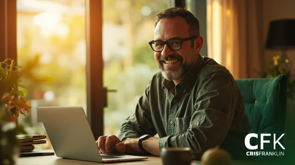 Um homem de óculos e barba sorri enquanto trabalha em um laptop em uma mesa em uma sala iluminada pelo sol. O texto "CFK CRISFRANKLIN" está visível no canto inferior direito.