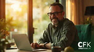 Um homem de óculos e barba sorri enquanto trabalha em um laptop em uma mesa em uma sala iluminada pelo sol. O texto "CFK CRISFRANKLIN" está visível no canto inferior direito.