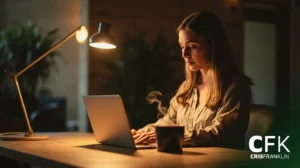 Uma mulher sentada em uma mesa trabalhando em um laptop em uma sala mal iluminada, com uma lâmpada e uma caneca por perto. O logotipo "CFK CRIS FRANKLIN" aparece no canto inferior direito.