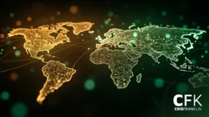 Uma ilustração digital de um mapa-múndi com contornos brilhantes e pontos interconectados, com o logotipo da CFK CRIS FRANKLIN no canto inferior direito.