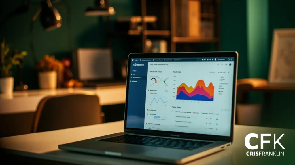 Um laptop exibindo gráficos coloridos de análise de dados em sua tela fica sobre uma mesa em um escritório moderno e bem iluminado. O logotipo da CFK Cris Franklin está visível no canto inferior direito.