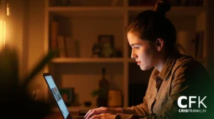 Uma mulher sentada em uma mesa trabalhando em um laptop em uma sala mal iluminada, com prateleiras e itens decorativos ao fundo. O logotipo "CFK CRISFRANKLIN" aparece no canto inferior direito.