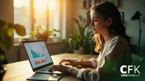 Uma mulher trabalha em um laptop exibindo gráficos e tabelas coloridas em um escritório iluminado pelo sol. O logotipo "CFK CRISFRANKLIN" está visível no canto inferior direito.