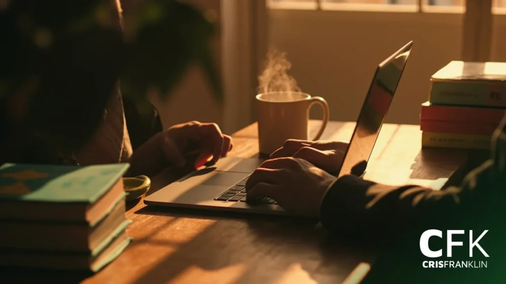 Duas pessoas sentadas em uma mesa de madeira com um laptop, livros e uma caneca fumegante sob luz natural quente. O logotipo "CFK Cris Franklin" está visível no canto inferior direito.