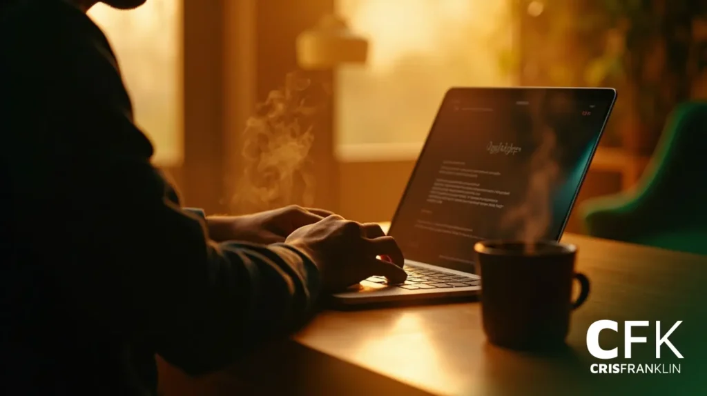 Pessoa digitando em um laptop em uma mesa com uma caneca de café fumegante por perto, em uma sala quente e iluminada pelo sol. As letras "CFK CRISFRANKLIN" aparecem no canto inferior direito.