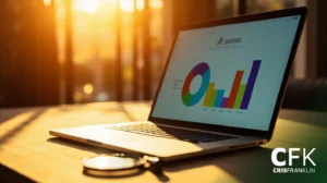 Um laptop exibindo um gráfico colorido de barras e pizza está sobre uma mesa, com a luz do sol passando pelas janelas ao fundo. O logotipo "CFK CRISFRANKLIN" está visível no canto inferior direito.