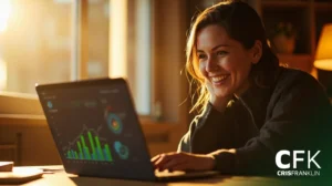 Mulher sorrindo para um laptop que exibe gráficos coloridos de barras e linhas, com a luz do sol entrando na sala. O logotipo da CFK CRISFRANKLIN está visível no canto inferior direito.