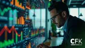 Um homem de óculos examina atentamente várias tabelas e gráficos financeiros coloridos exibidos em telas grandes em um escritório moderno. O logotipo "CFK Cris Franklin" aparece no canto.