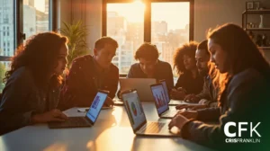Seis pessoas sentadas ao redor de uma mesa em um escritório iluminado pelo sol, trabalhando em laptops com gráficos exibidos em suas telas. O logotipo "CFK CRISFRANKLIN" está no canto inferior direito.