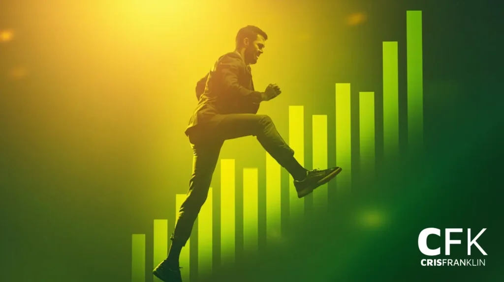 Um homem de terno parece escalar gráficos de barras verdes ascendentes, simbolizando crescimento ou progresso, com o texto "CFK CRISFRANKLIN" no canto inferior direito.