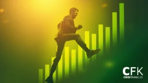 Um homem de terno parece escalar gráficos de barras verdes ascendentes, simbolizando crescimento ou progresso, com o texto "CFK CRISFRANKLIN" no canto inferior direito.