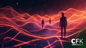 Três silhuetas humanas estão em uma paisagem digital brilhante e ondulada com trilhas de luz laranja e vermelha vibrantes. A imagem apresenta as iniciais "CFK" e o nome Cris Franklin no canto inferior direito.