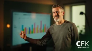 Um homem está em frente a uma tela grande que mostra um gráfico de barras colorido, gesticulando com a mão e sorrindo. As iniciais "CFK" e o nome "Cris Franklin" aparecem na imagem.