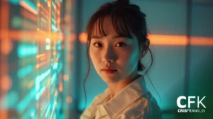 Uma mulher de camisa branca está em frente a um visor digital bem iluminado com luzes laranja e verde, olhando diretamente para a câmera. As letras "CFK CRISFRANKLIN" aparecem no canto.