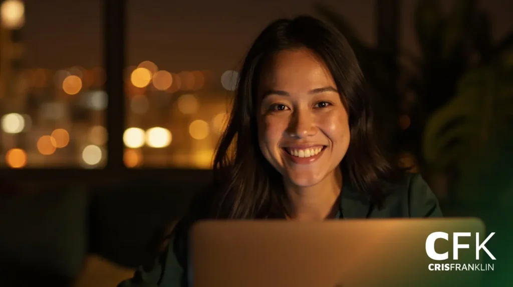 Uma mulher sorrindo para uma tela de laptop em uma sala mal iluminada com luzes da cidade borradas ao fundo. O logotipo "CFK CRIS FRANKLIN" aparece no canto inferior direito.