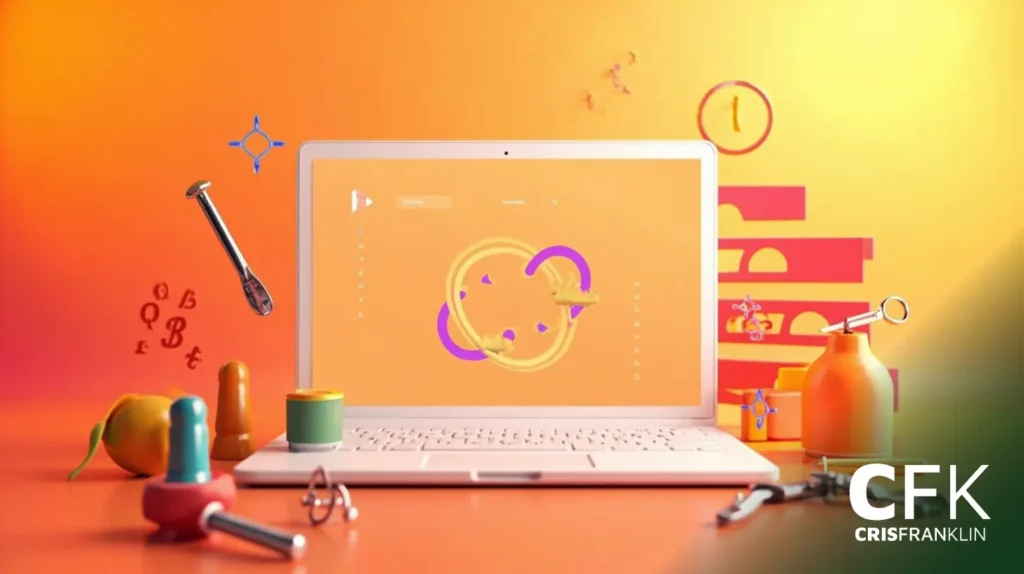 Um laptop branco está sobre uma mesa laranja com ferramentas espalhadas, blocos de brinquedo e símbolos abstratos. A tela exibe gráficos coloridos em um fundo laranja. O logotipo "CFK CRISFRANKLIN" está visível.